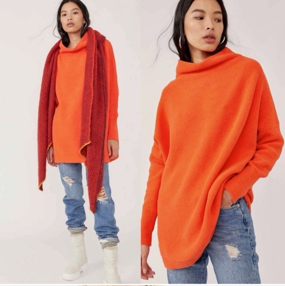 Free People * Ottoman Slouchy Pullover Tunic Sweater size XS Orange - Picture 4 of 12